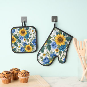 HÜBSCHE BLUE WHITE JELLOW SPRING BLUMEN OFENHANDSCHUH & Topflappen-Set