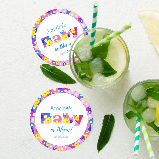 Hübsche Blume Baby Dusche Blau Personalisiert Runder Pappuntersetzer (Von Creator hochgeladen)
