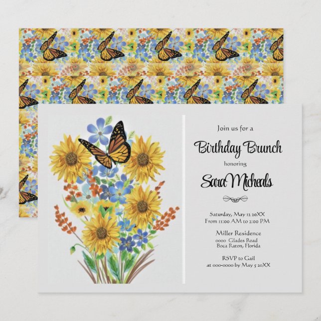 Hübsche Blume Bouquet Birthday Brunch Einladung (Vorne/Hinten)