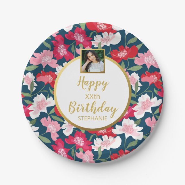 Hübsche Blume, Happy Birthday, Benutzerdefinierter Pappteller (Vorderseite)