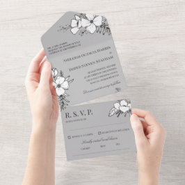 Hübsche Blume Hochzeit in Grau und Weiß All In One Einladung