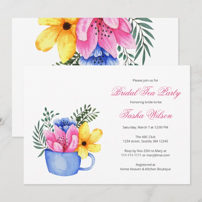 Hübsche Blume in einem Teacup Brautparty Teezeremo Einladung (Vorne/Hinten)