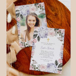 Hübsche Blume und Foto | Bestätigung Einladung<br><div class="desc">Diese schöne und feminine Confirmation Einladung besticht durch einen Rahmen von Aquarellfarben,  Vintagem Rosa und lila Hydrangea-Blume und Rose,  mit eleganter moderner Schrift und klassischem Text. Auf der Rückseite der Einladung befindet sich Ihr Foto,  umgeben von einem anderen Blumenrahmen.</div>