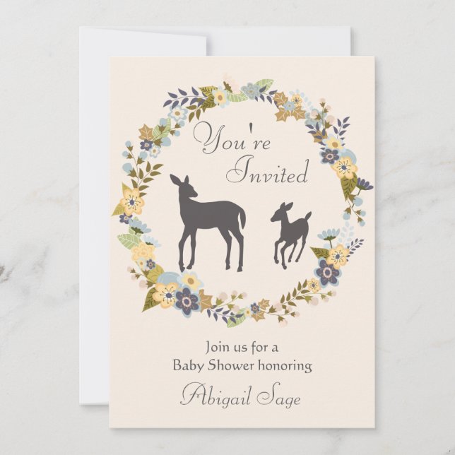 Hübsche Blume Wreath and Deer Baby Dusche einladen Einladung (Vorderseite)