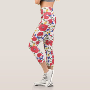 Hübsche Blumendrucke Rote Pflaumen Blaue Wildblume Capri Leggings