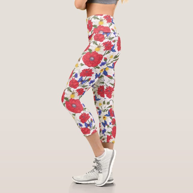 Hübsche Blumendrucke Rote Pflaumen Blaue Wildblume Capri Leggings (Links)