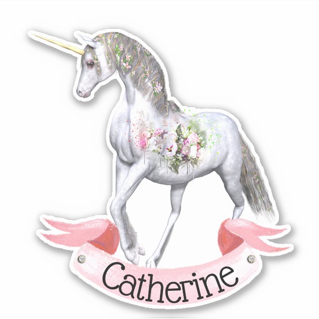 Hübsche Blumenmädchen der Einhornblüte benennen ma Aufkleber (Vorderseite)