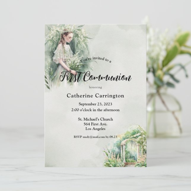 Hübsche Blumenmädchen Erste Kommune Einladung (Stehend Vorderseite)