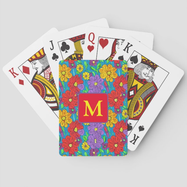 Hübsche Blumenmuster Mit Monogramm Spielkarten (Rückseite)