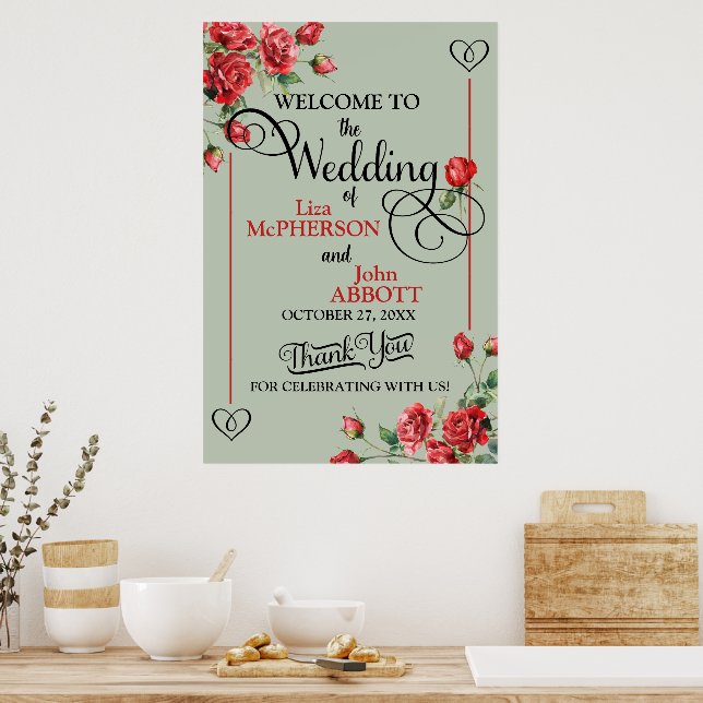 Hübsche Blumenpracht Grün & Rote Rosen Hochzeit Poster (Küche)