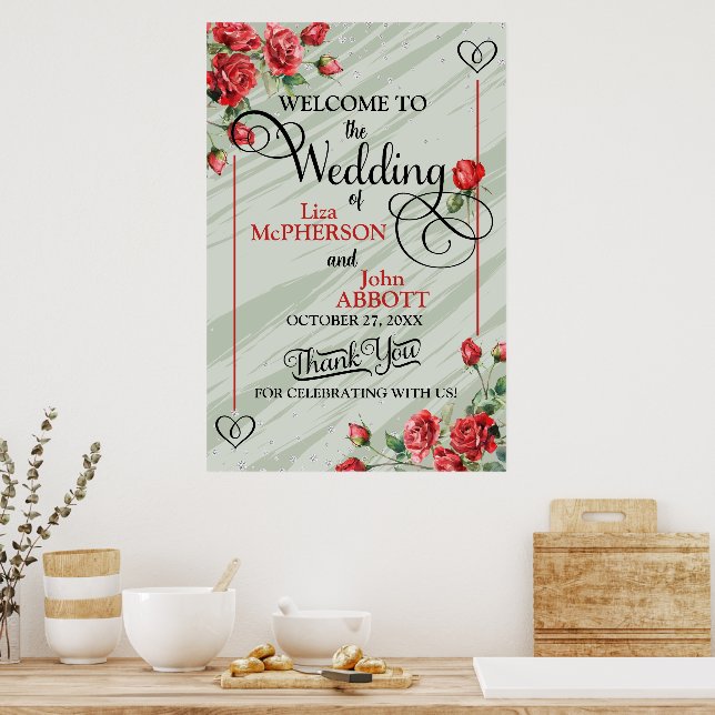 Hübsche Blumenpracht Grün & Rote Rosen Hochzeit Poster (Küche)