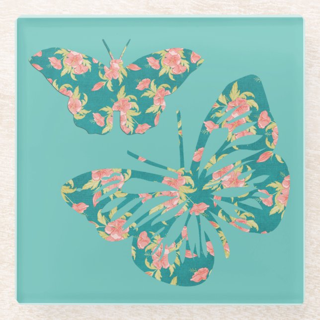 Hübsche Blumenschmetterlinge Glasuntersetzer (Vorderseite)