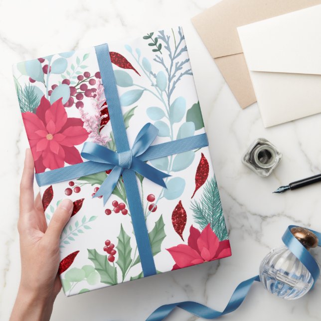 Hübsche Blumenwasserfarbe Glitzer Rote Poinsettie Geschenkpapier (Schenken)