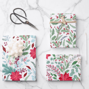 Hübsche Blumenwasserfarbe Glitzer Rote Poinsettie Geschenkpapier Set
