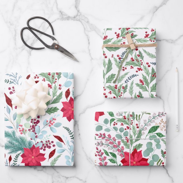 Hübsche Blumenwasserfarbe Glitzer Rote Poinsettie Geschenkpapier Set (Vorderseite)