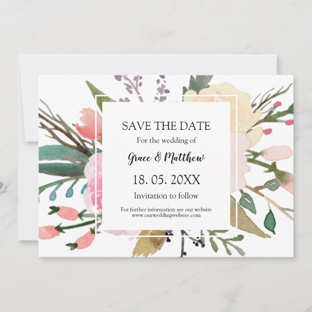 Hübsche Blumenwasserfarbe Hochzeit retten Datum Save The Date (Vorderseite)