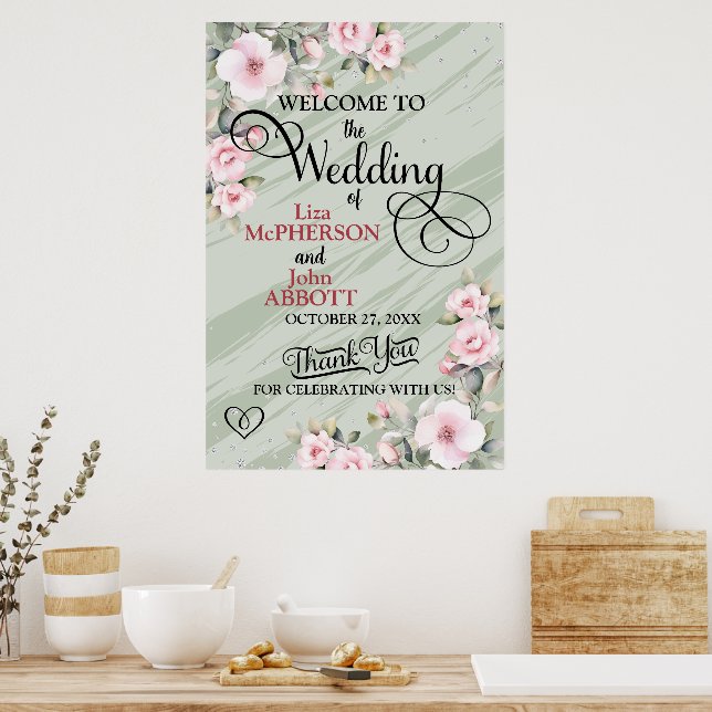 Hübsche Blumenzange Grüne Hochzeit Willkommen Poster (Küche)