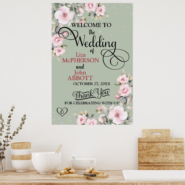 Hübsche Blumenzange Grüne Hochzeit Willkommen Poster (Küche)