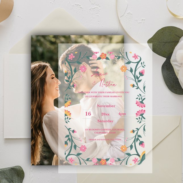Hübsche Blumenzellenschrift (Pretty Colorful Floral Frame Script Wedding Vellum Invitations)