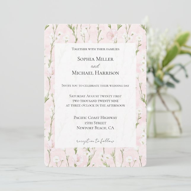 Hübsche Blush Pink Blumenzehen Einladung (Stehend Vorderseite)