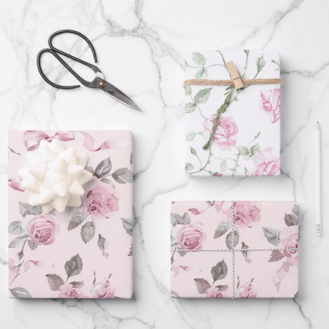 Hübsche Blush Pink Roses & Bows Blumenhochzeit Geschenkpapier Set (Vorderseite)