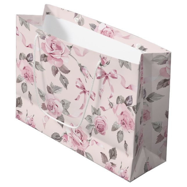 Hübsche Blush Pink Roses & Bows Blumenhochzeit Große Geschenktüte (Vorderseite Schrägansicht)