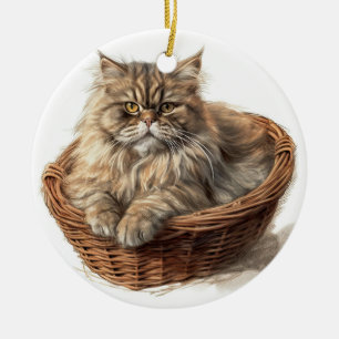 HÜBSCHE BROWTABBY PERSIANISCHE KATZE IN KATZBETT KERAMIK ORNAMENT