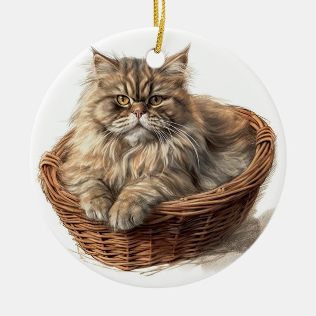 HÜBSCHE BROWTABBY PERSIANISCHE KATZE IN KATZBETT KERAMIK ORNAMENT (Vorne)