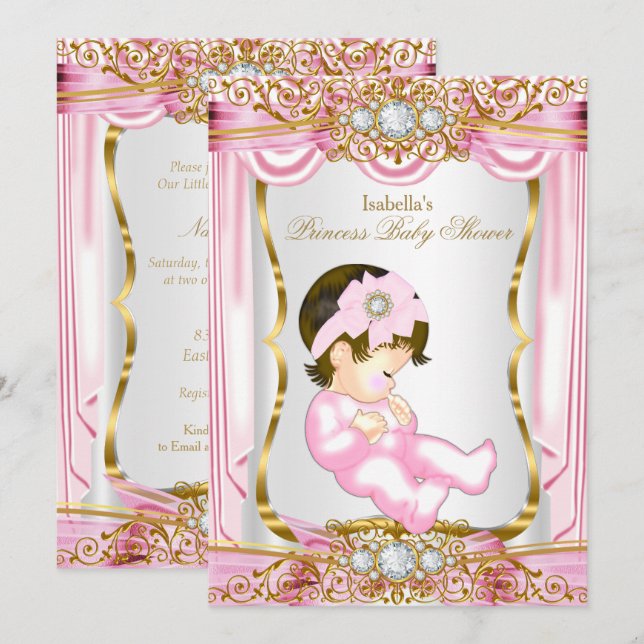 Hübsche Brünette Princess Babydusche Rosa Seide Einladung (Vorne/Hinten)