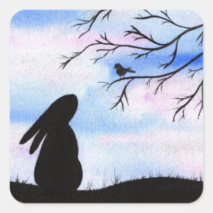 Hübsche Bunny & Bird Wasserfarbe Silhouette Quadratischer Aufkleber