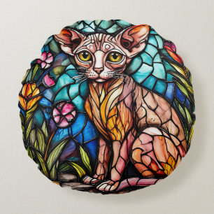 Hübsche bunte Katze Glasmalerei Rundes Kissen