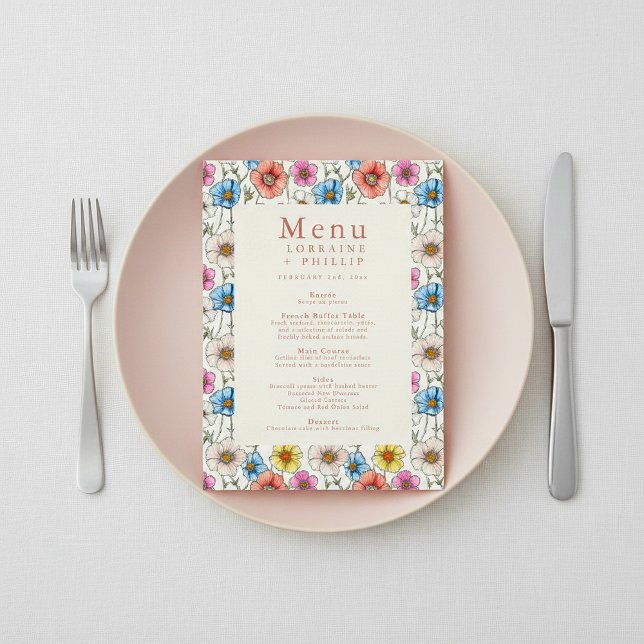 Hübsche bunte Wildblume Hochzeitsmenü Menükarte (Pretty colorful wildflower wedding meal menu.)