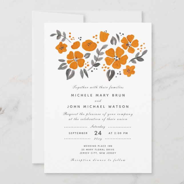 Hübsche Burnt Orange Fall Floral Folk Hochzeit Einladung (Vorderseite)