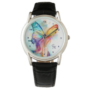 Hübsche Butterfly Girl Regenbogen Wasserfarben Armbanduhr