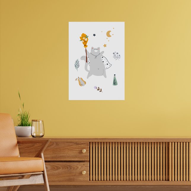 Hübsche Cartoon Katzen mit Besen, Kürbissen und Ge Poster (Wohnzimmer 2)