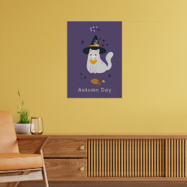 Hübsche Cartoon Katzen mit Besen, Kürbissen und Ge Poster