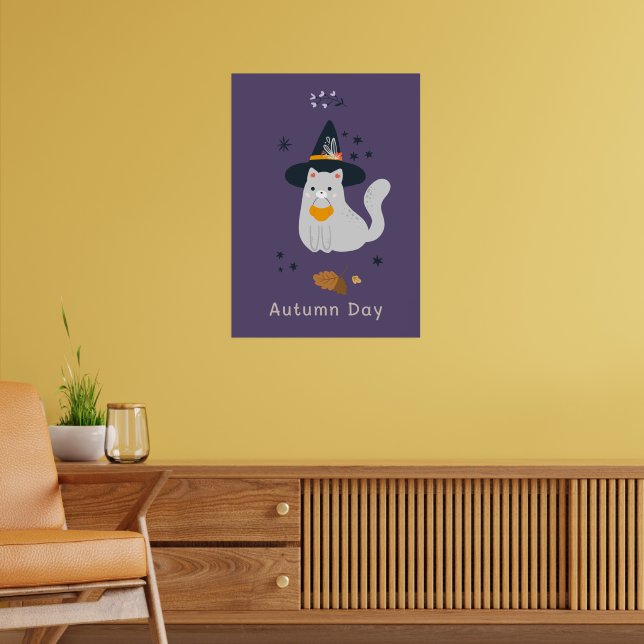 Hübsche Cartoon Katzen mit Besen, Kürbissen und Ge Poster (Wohnzimmer 2)