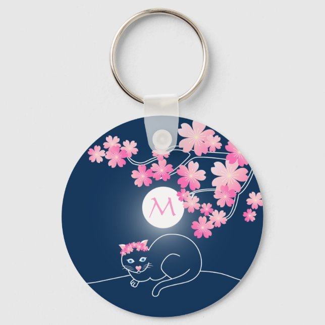Hübsche Cat Cheres Blüten Moon Pink Sakura Blau Schlüsselanhänger (Vorderseite)