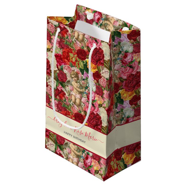 Hübsche Chintzy Viktorianisch Scrapbook Cherubs Kleine Geschenktüte (Vorderseite Schrägansicht)