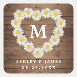 Hübsche Daisies Monogram Hochzeit rustikales Holz Quadratischer Aufkleber
