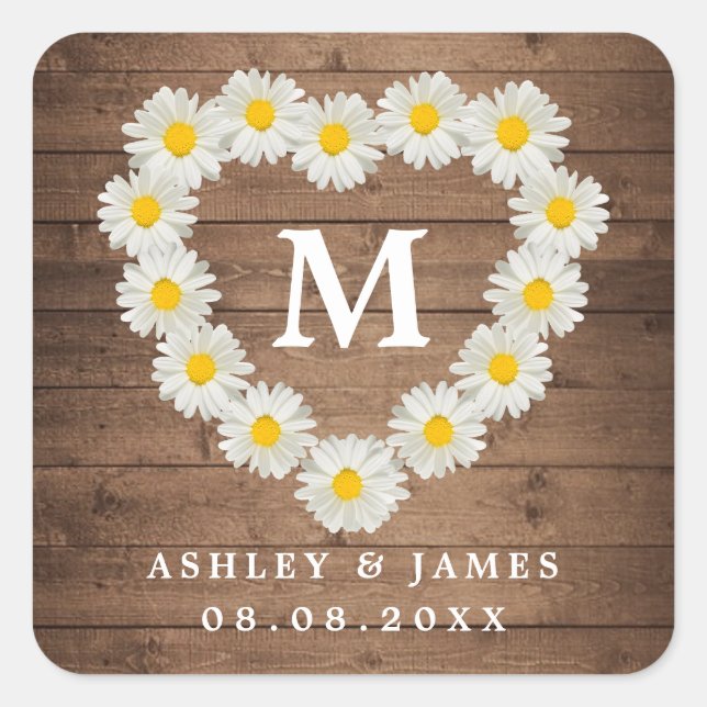 Hübsche Daisies Monogram Hochzeit rustikales Holz Quadratischer Aufkleber (Vorderseite)