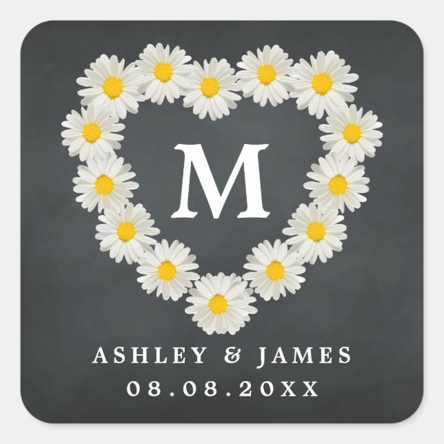 Hübsche Daisies Monogram Wedding Chalkboard Quadratischer Aufkleber (Vorderseite)