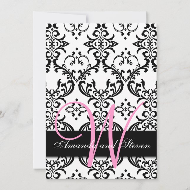 Hübsche Damask Pink Monogram Hochzeitseinladung Einladung (Vorderseite)