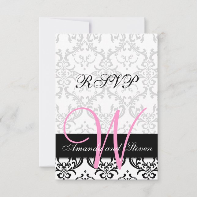 Hübsche Damask Pink Monogram Wedding RSVP Card (Vorderseite)