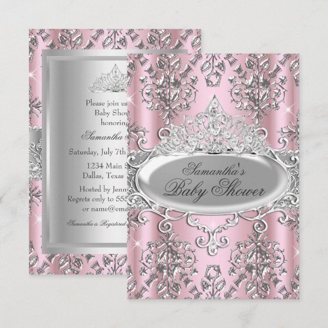 Hübsche Damask Tiara Princess Kinderdusche Einladu Einladung (Vorne/Hinten)