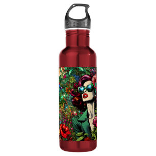 Hübsche Dame im Blumengarten Farbenfroh Edelstahlflasche