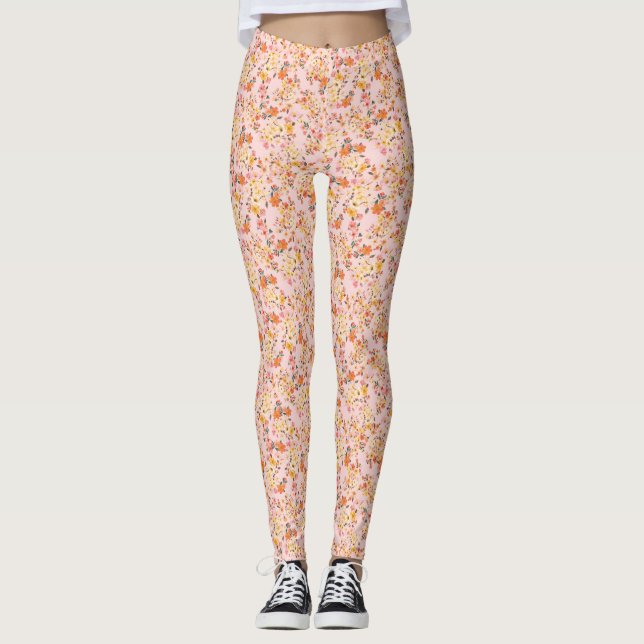 Hübsche Ditsy Floral Muster Orange Wasserfarbe Leggings (Vorderseite)