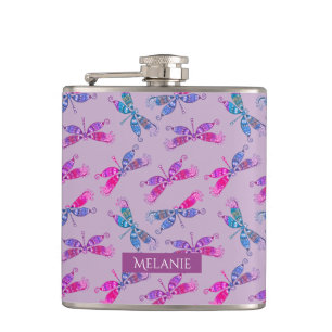Hübsche Dragonfly Lila blaues Muster Personalisier Flachmann
