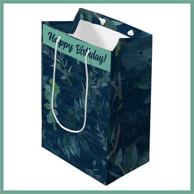 Hübsche dunkelblaue und Aquamarine grüne Blätter G Mittlere Geschenktüte (Von Creator hochgeladen)
