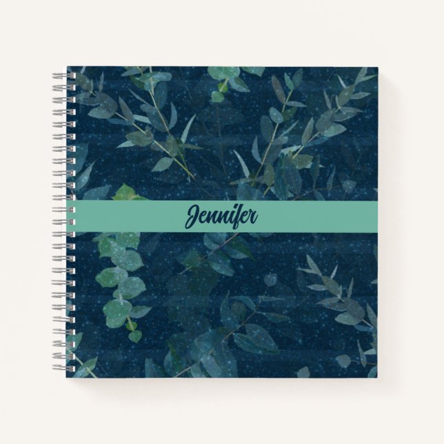 Hübsche dunkelblaue und Aquamarine grüne Blätter Notizbuch (Vorderseite)